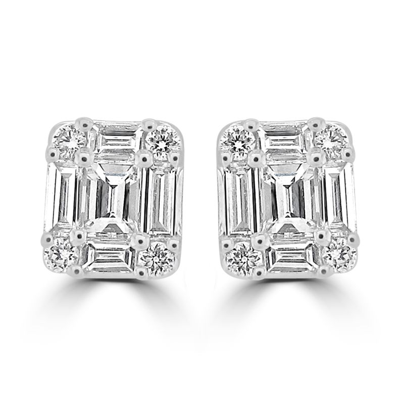 18ct White Gold Illusion Emerald Cut Diamond Stud Earrings 0.47