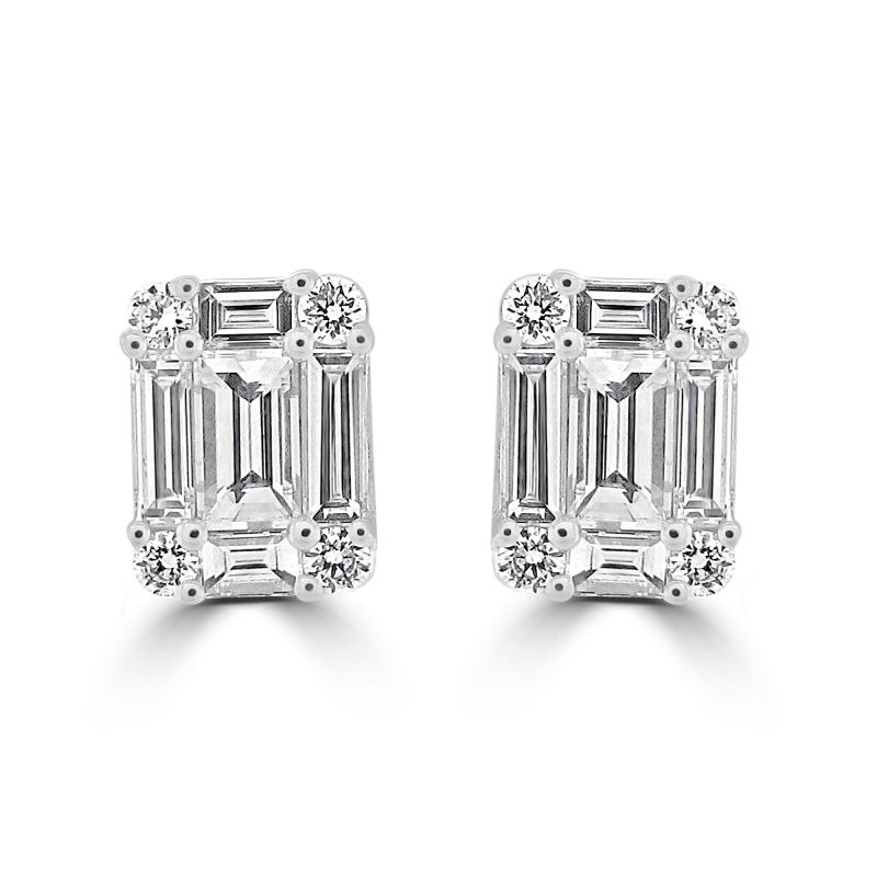 18ct White Gold Illusion Emerald Cut Stud Earrings 1.09ct