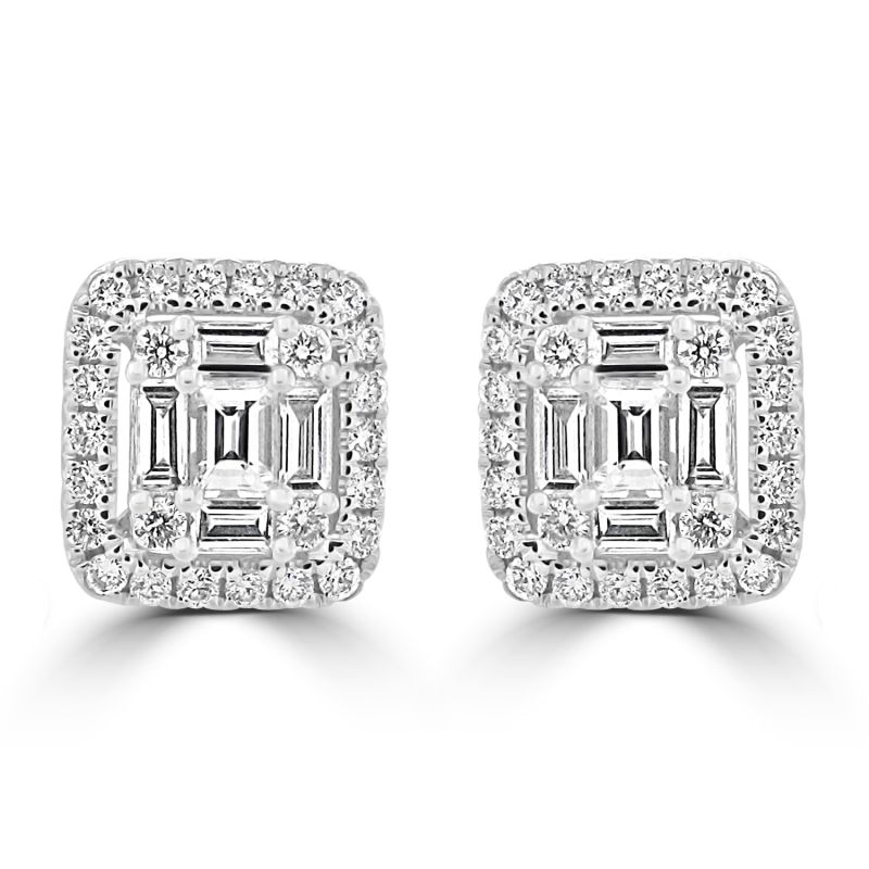 18ct White Gold Illusion Emerald Halo Stud Earrings 0.74ct