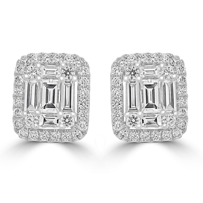 18ct White Gold Baguette & Brilliant Halo Stud Earrings 1.36ct
