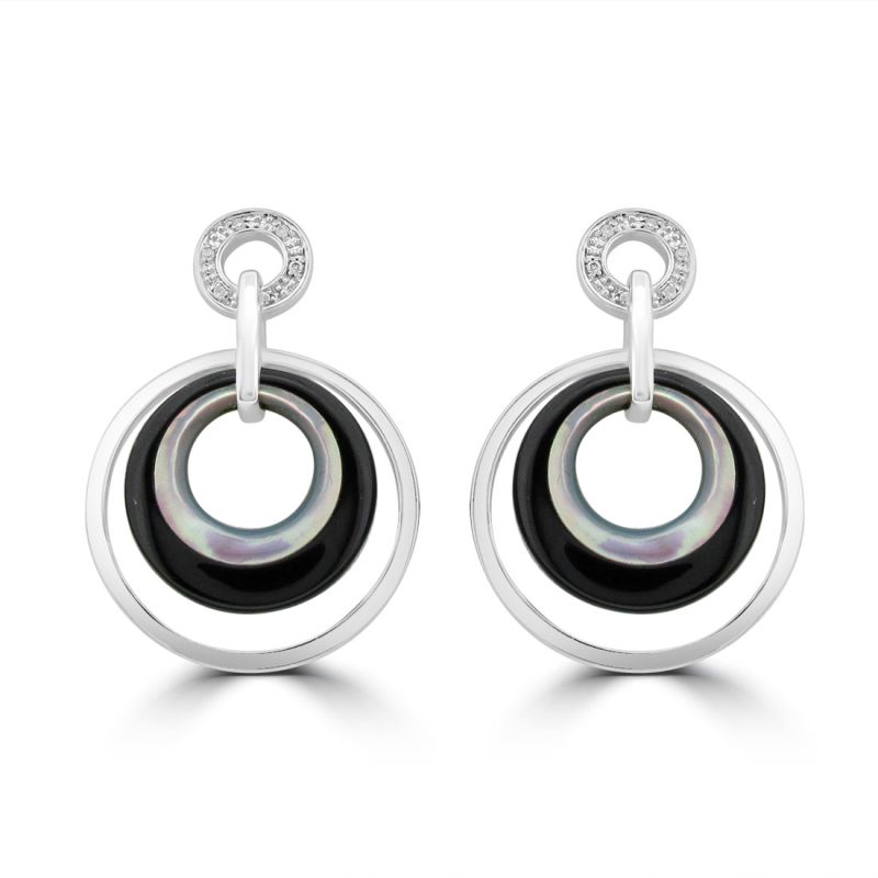 9ct White Gold Onyx, Mother Of Pearl & Diamond Drop Earrings