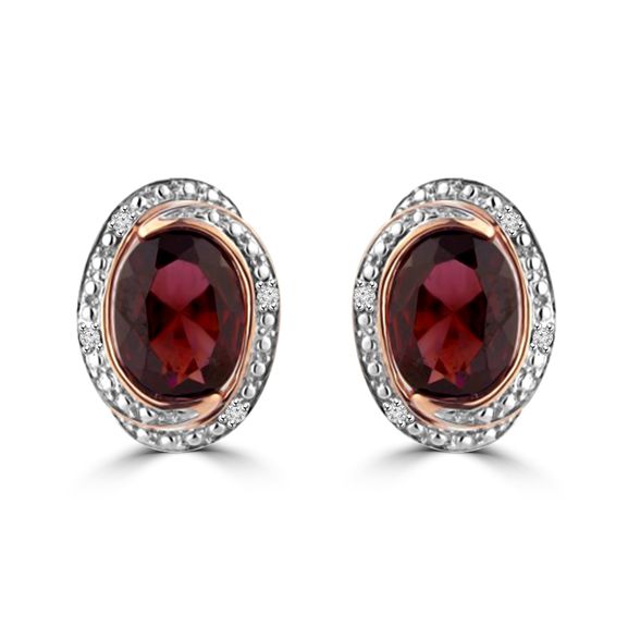 Ladies 9ct Rhodolite Garnet & Diamond Cluster Earrings 0.04ct