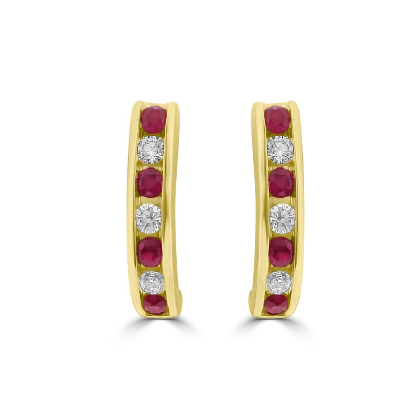 18ct Yellow Gold Ruby & Diamond "J" Style Earrings 0.22ct
