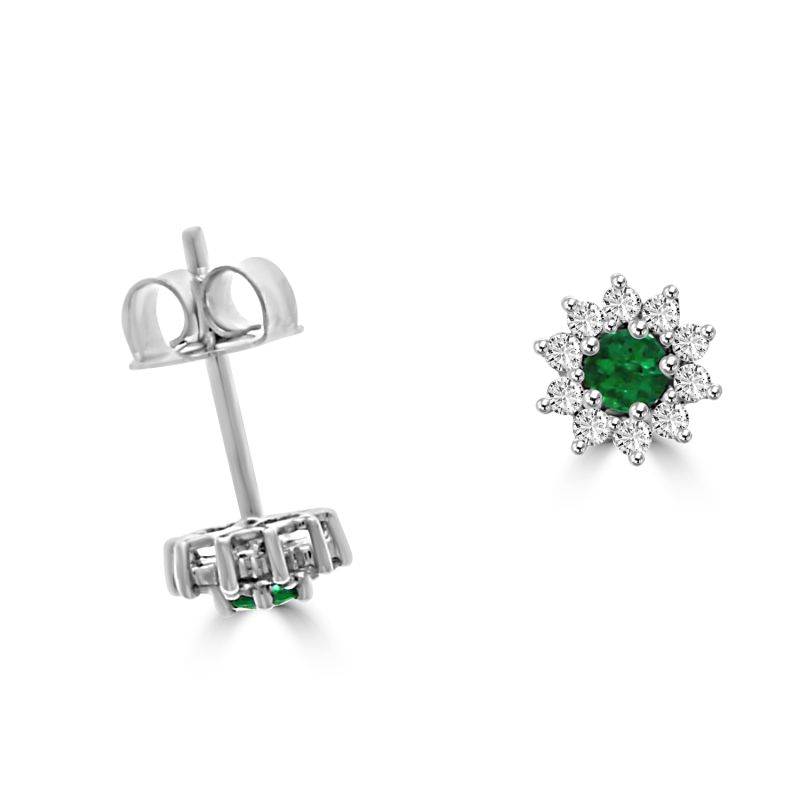 18ct White Gold Emerald & Diamond Cluster Stud Earrings 0.22ct