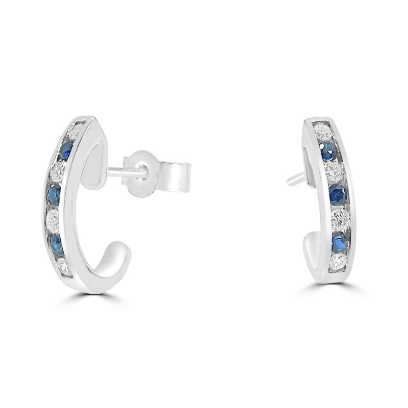9ct White Gold Sapphire & Diamond "J" Hoop Earrings 0.15ct