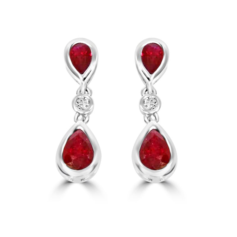 18ct White Gold Pear Shaped Ruby & Diamond Drop Earrings 0.05ct