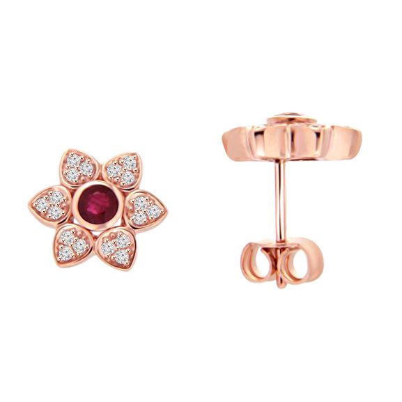 9ct Rose Gold Ruby & Diamond Flower Cluster Earrings 0.18ct