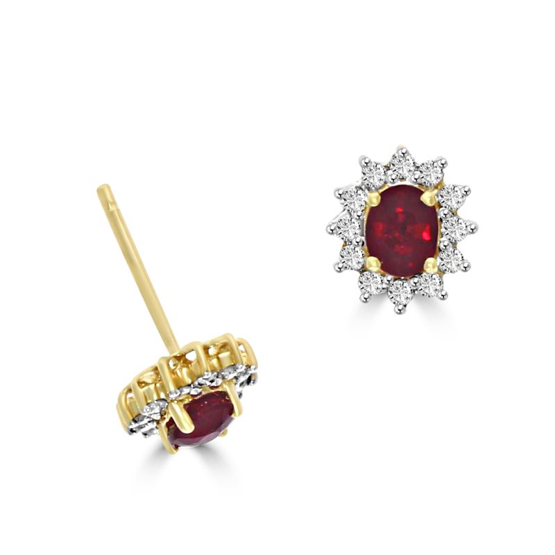 18ct Yellow Gold Ruby & Diamond Cluster Stud Earrings 0.30ct