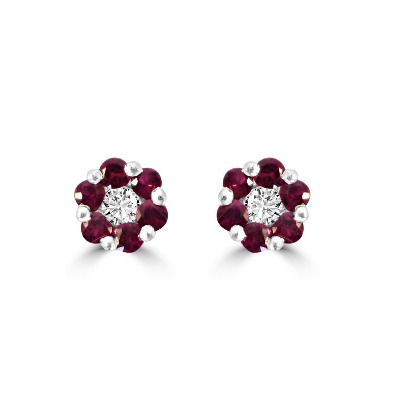 18ct White Gold Ruby & Diamond Cluster Stud Earrings 0.10ct