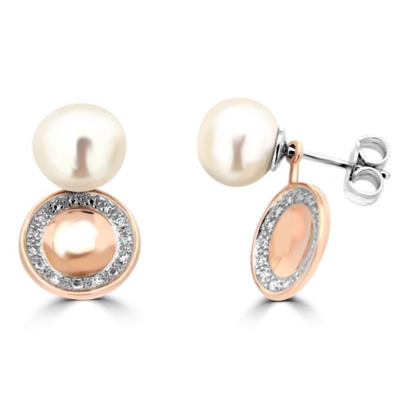 9ct White & Rose Gold Pearl & Diamond Drop Earrings 0.07ct