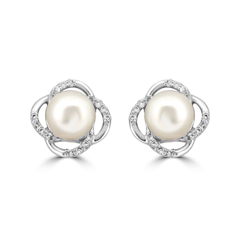 9ct White Gold Cultured Pearl & Diamond Stud Earrings 0.096ct