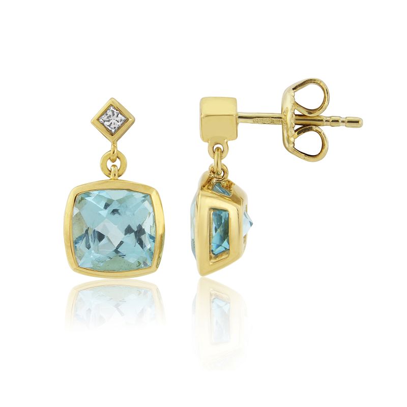 9ct Yellow Gold Swiss Blue Topaz & Diamond Drop Earrings 0.08ct