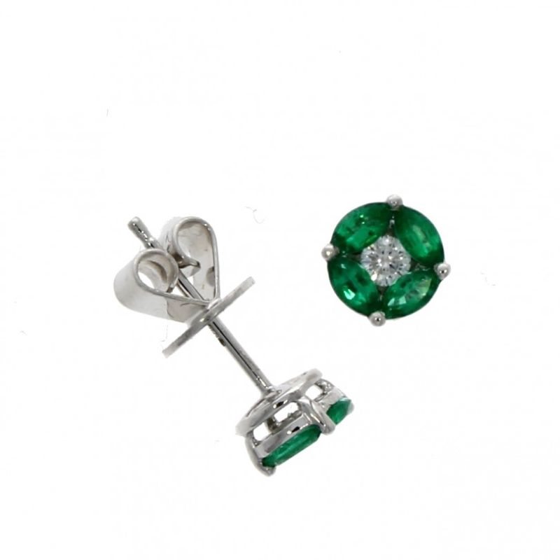 18ct White Gold Emerald & Diamond Cluster Earrings 0.15ct