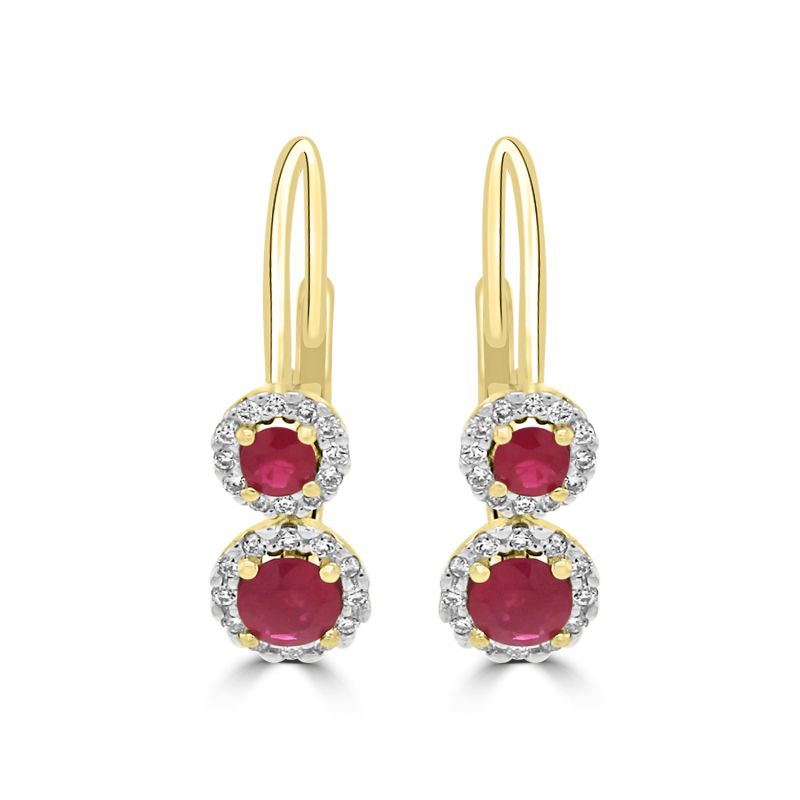 9ct Yellow Gold Ruby & Diamond Double Cluster Earrings 0.16ct
