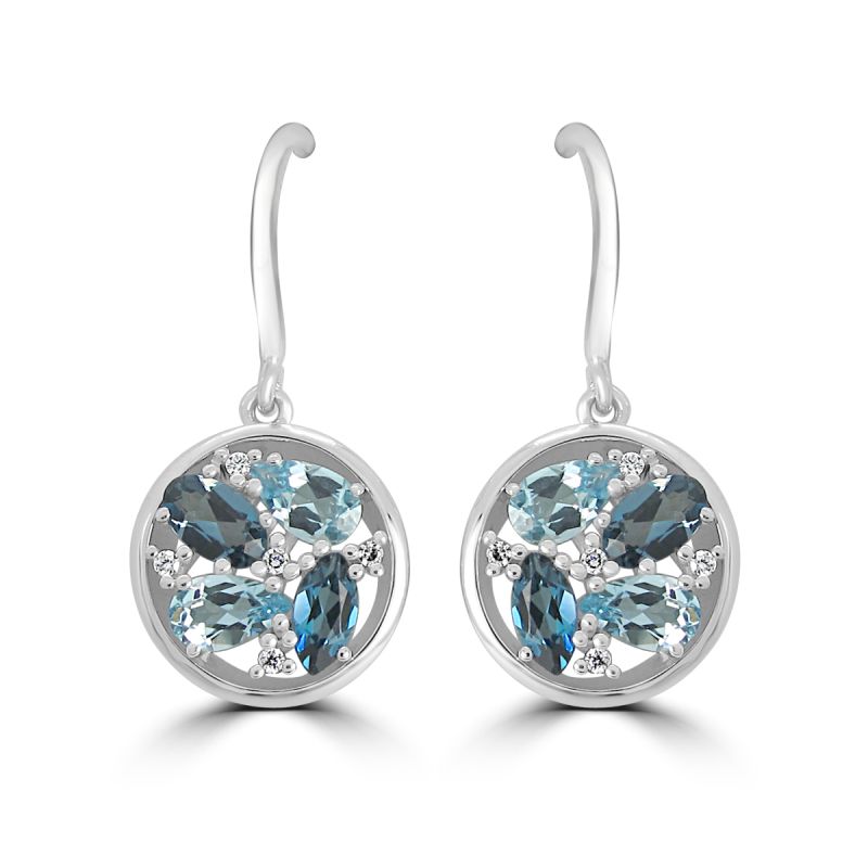 9ct White Gold Blue Topaz & Diamond Drop Earrings 0.05ct