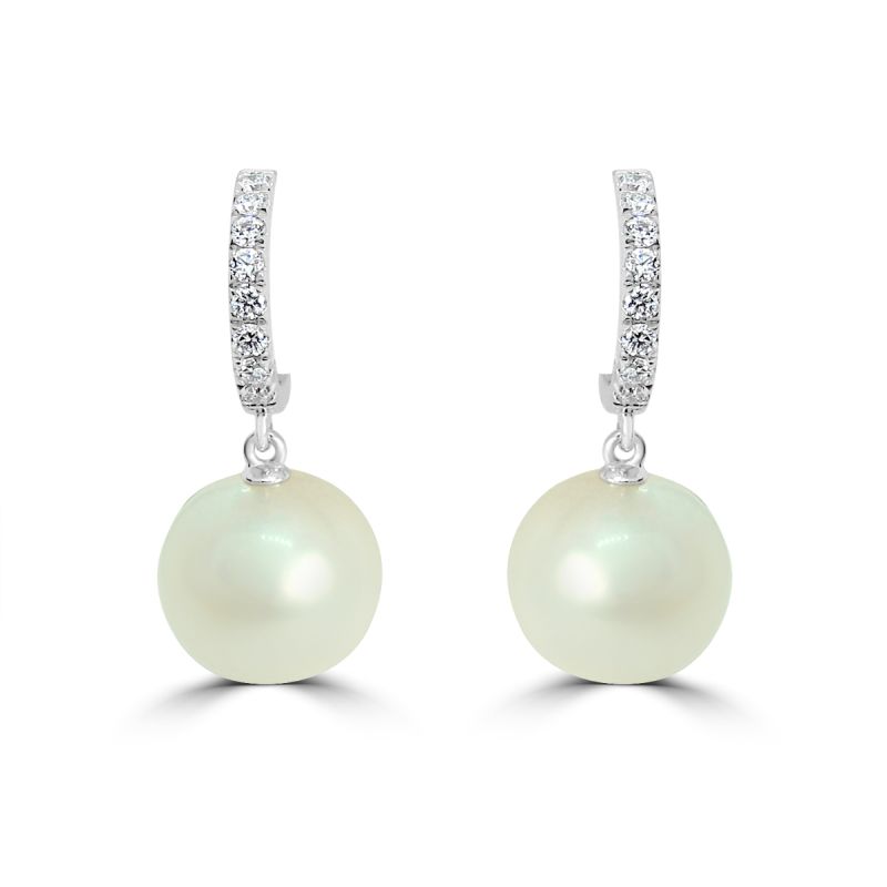 9ct White Gold Cultured Pearl & Diamond Hoop Drop Earrings 0.16