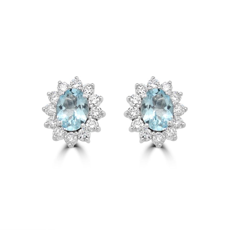 Oval Cut Aquamarine and Diamond Cluster Earrings in 9ct Gold
