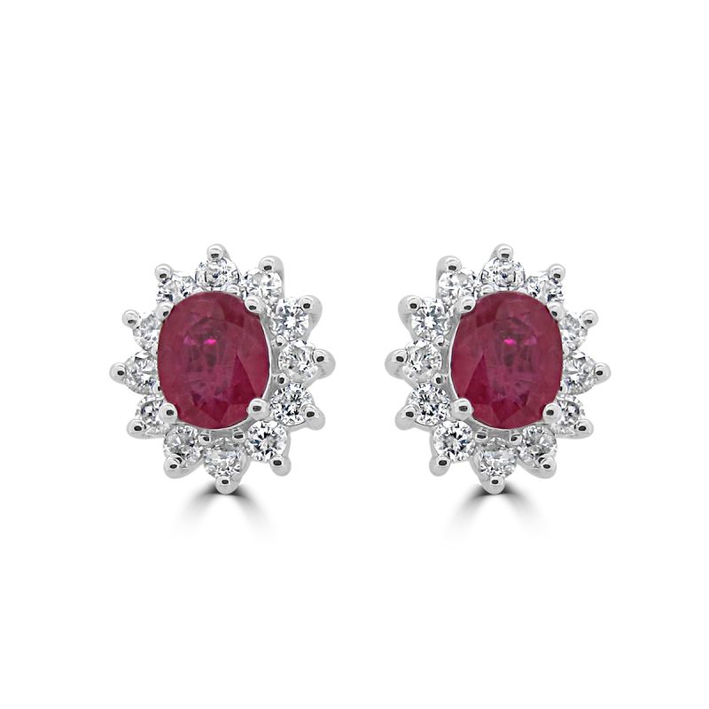 9ct White Gold Oval Ruby and Diamond Cluster Earrings 0.83/0.41