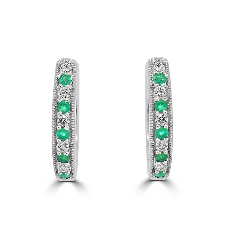 9ct White Gold Emerald & Diamond Hoop Earrings 0.14ct