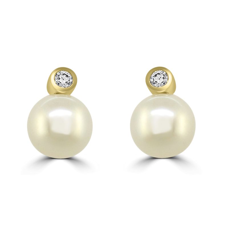 9ct Yellow Gold Pearl & Diamond Stud Earrings 0.09ct