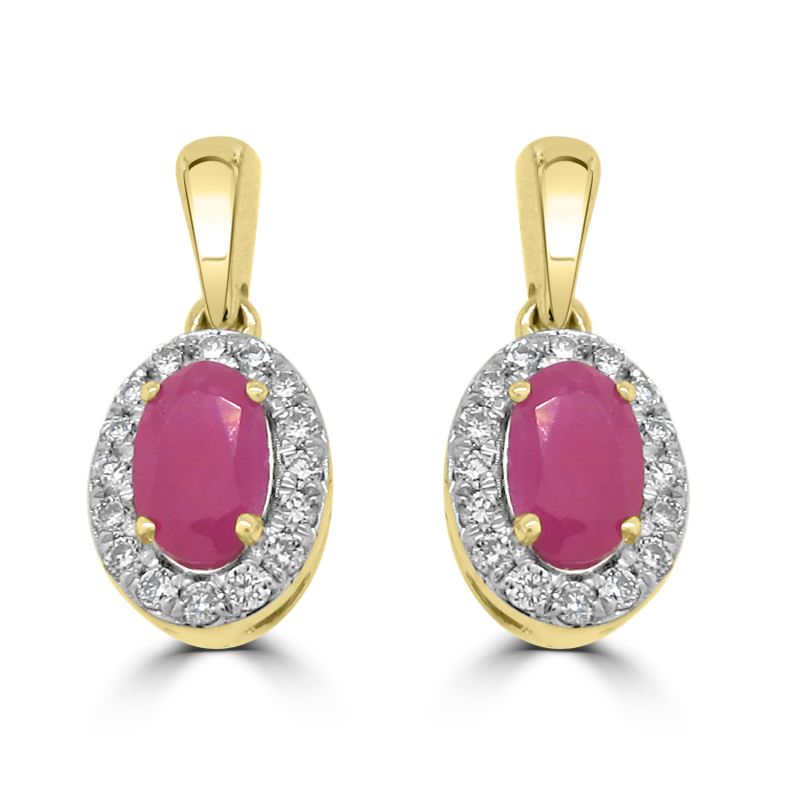 9ct Yellow Gold Ruby & Diamond Cluster Drop Earrings 0.14ct