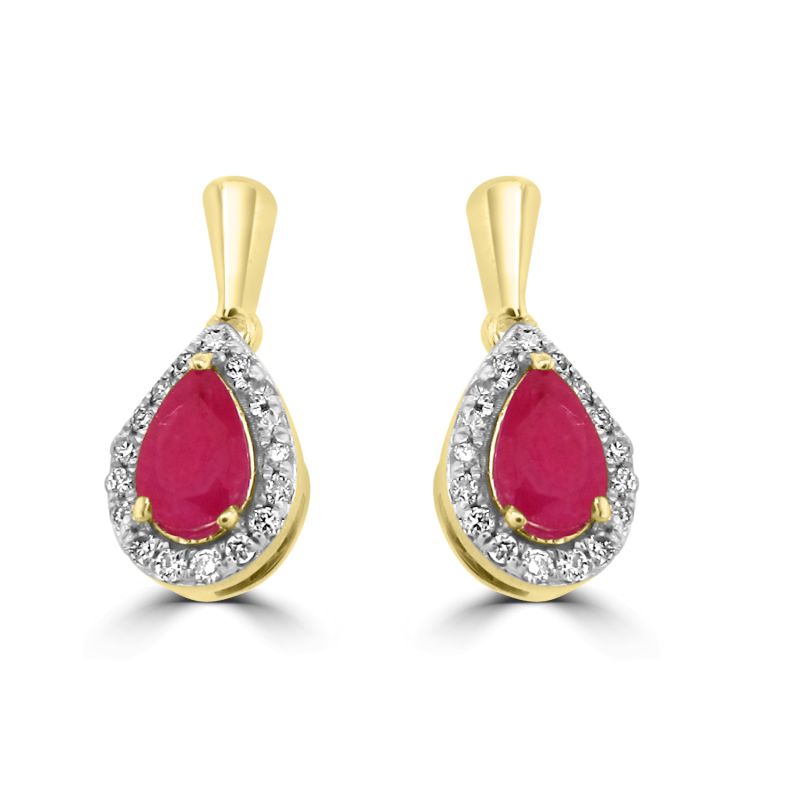 9ct Yellow Gold Ruby & Diamond Cluster Drop Earrings 0.11ct