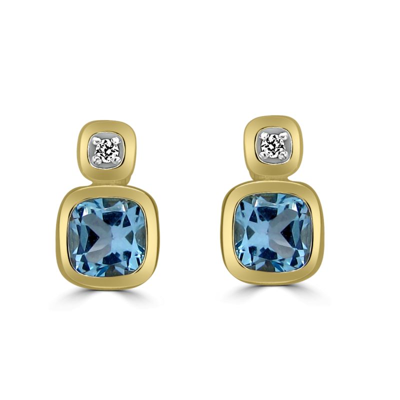 9ct Yellow Gold Blue Topaz & Diamond Stud Earrings 0.015ct