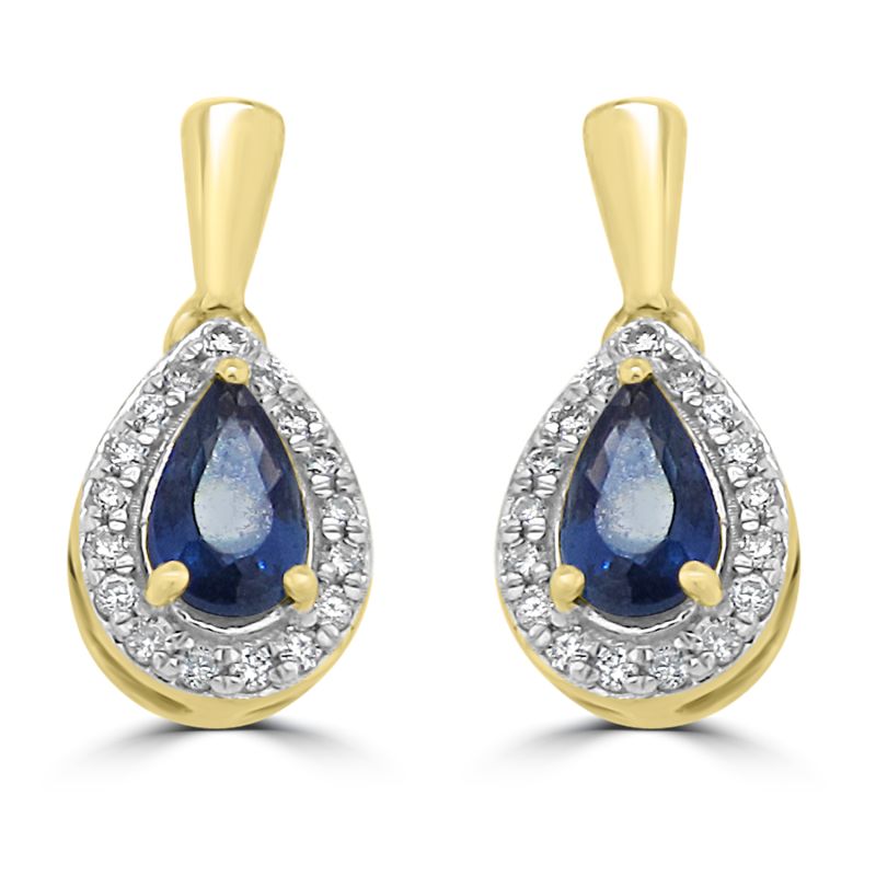 9ct Yellow Gold Sapphire & Diamond Cluster Drop Earrings 0.11ct