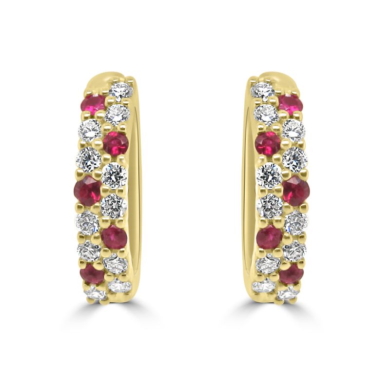 9ct Yellow Gold Ruby & Diamond Hoop Earrings 0.22ct