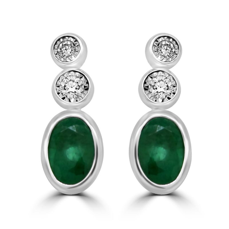 9ct White Gold Emerald & Diamond Drop Earrings