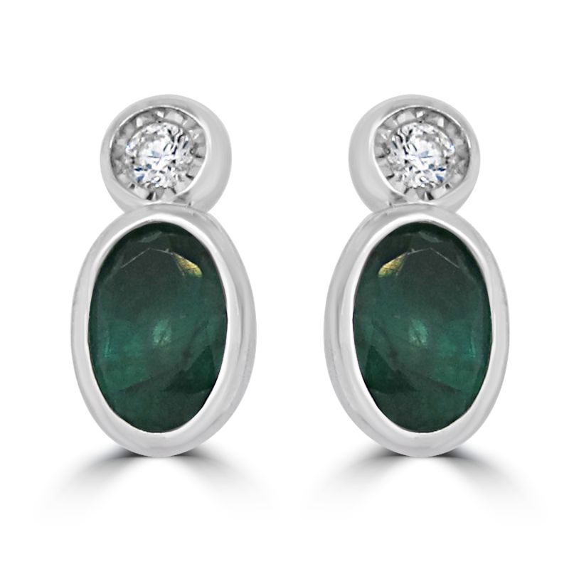 9ct White Gold Emerald & Diamond 2 Stone Earrings