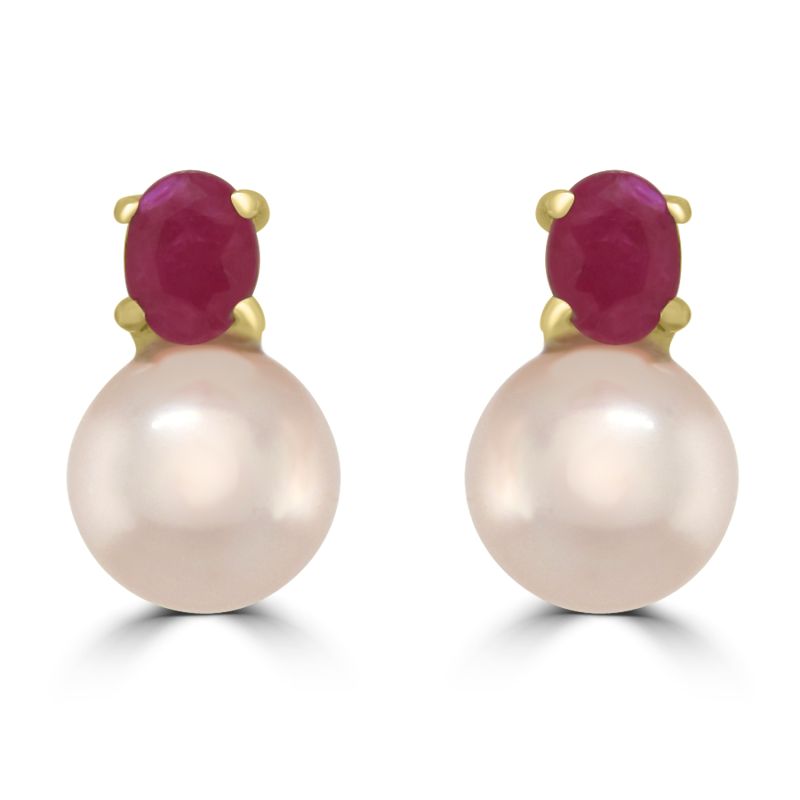 9ct Yellow Gold Cultured Pearl & Ruby Stud Earrings
