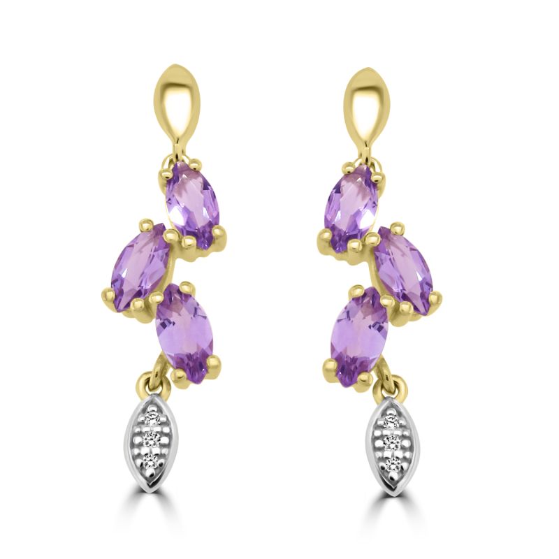 9ct Yellow Gold Amethyst and diamond drop earrings 0.03ct