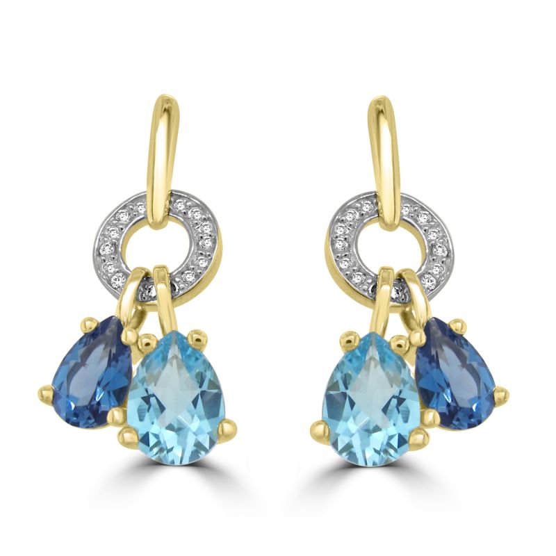 9ct Yellow Gold Blue Topaz & Diamond Drop Earrings 0.04ct