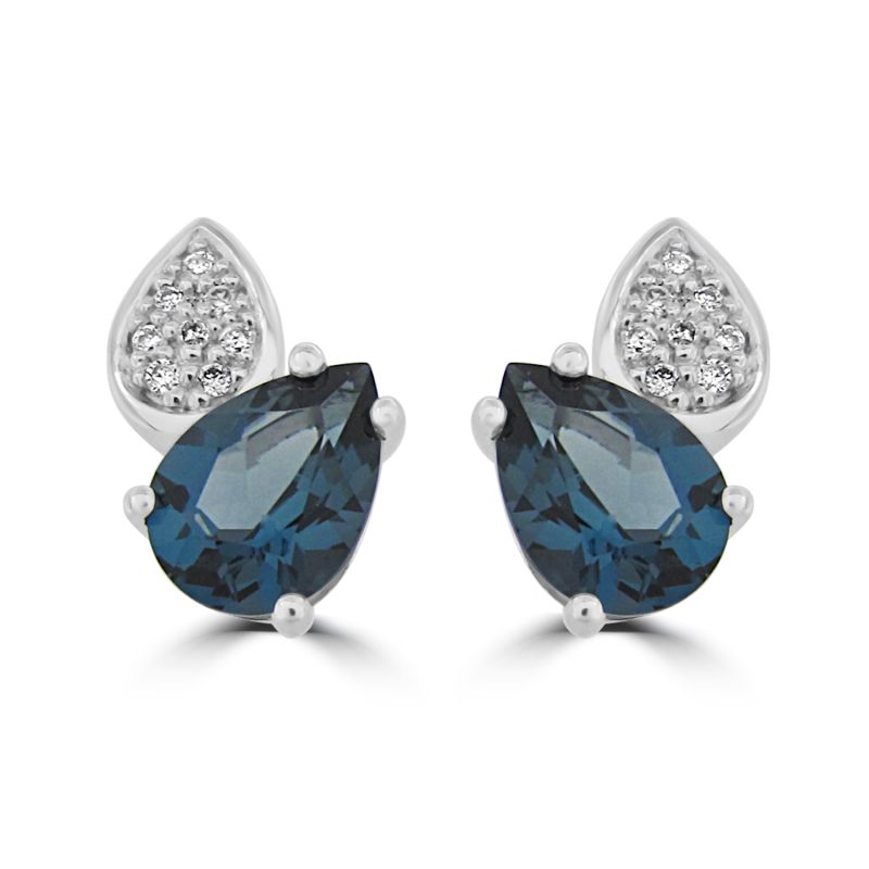 9ct White Gold Blue Topaz & Diamond Stud Earrings 0.05ct