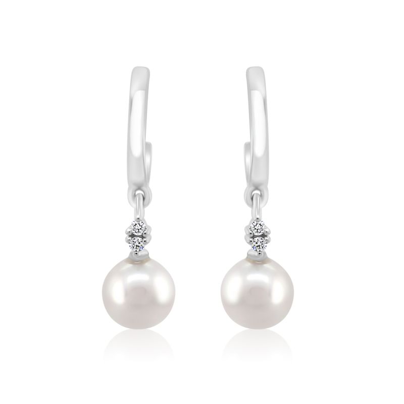 9ct White Gold Pearl & Diamond Drop Hoop Earrings
