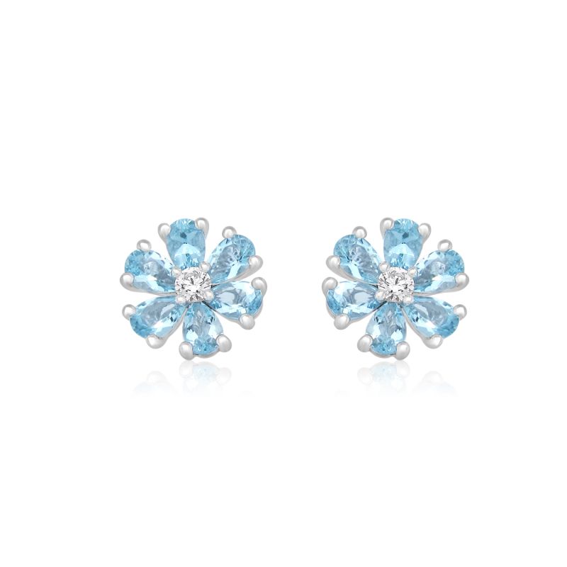 9ct White Gold Aquamarine & Diamond Flower Earrings 0.17ct