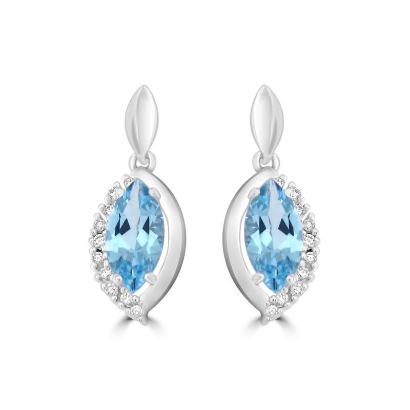 9ct White Gold Blue Topaz & Diamond Drop Earrings 0.12ct
