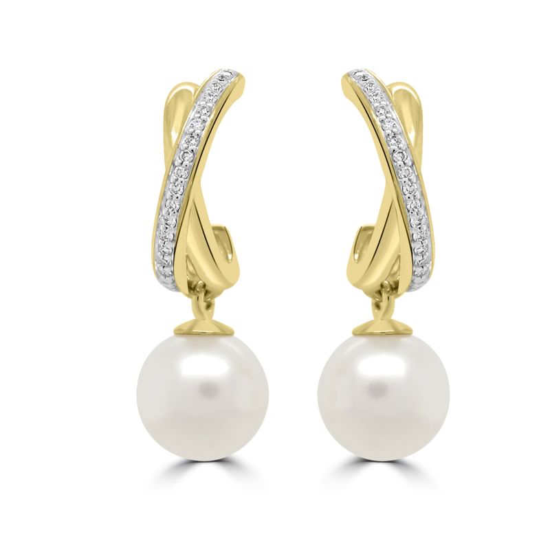9ct Yellow Gold Freshwater Bouton Pearl & Diamond drop earrings