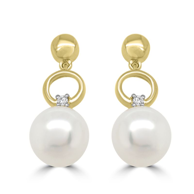 9ct Yellow Gold Freshwater Bouton Pearl & Diamond Drop Earrings 0.04ct