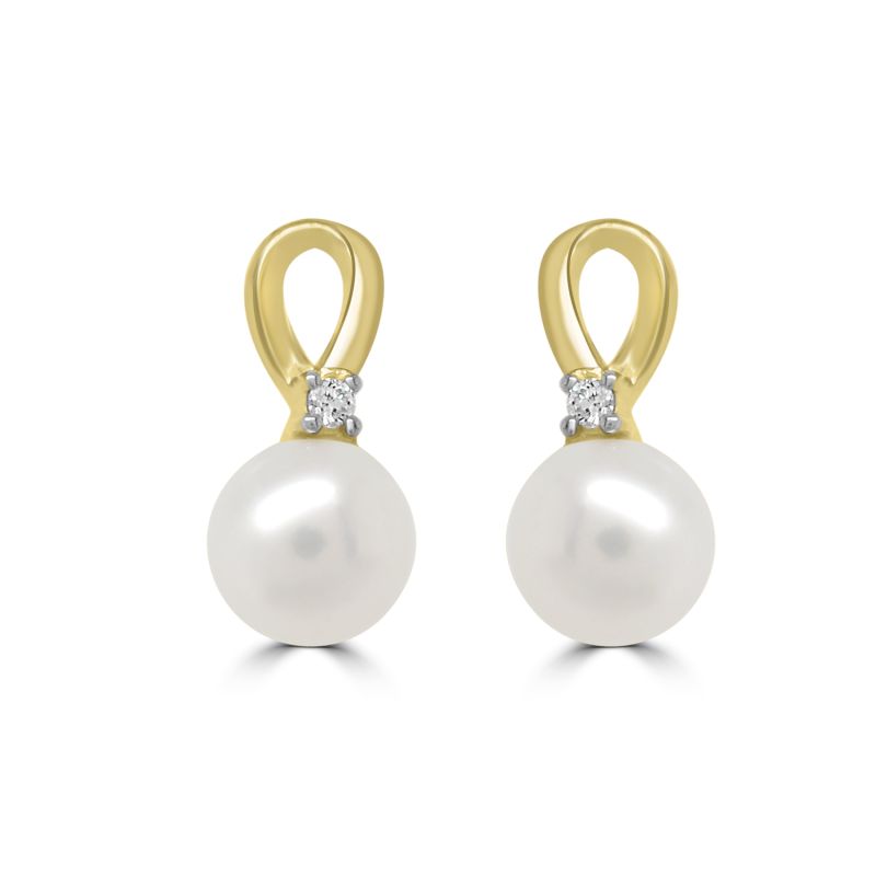 9ct Yellow Gold Freshwater Bouton Pearl & Diamond Earrings 0.03ct