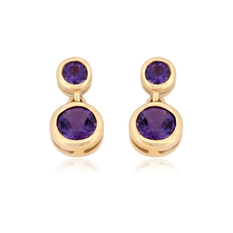 9ct Yellow Gold Round Amethyst Drop Earrings