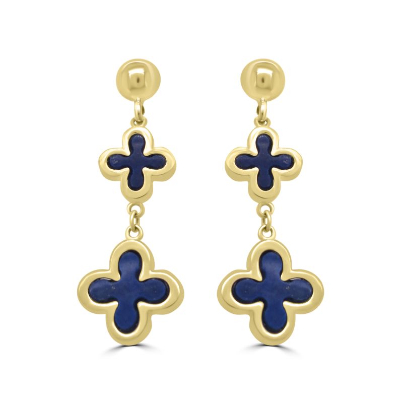 9ct Yellow Gold Floral Lapis Lazuli Drop Earrings  