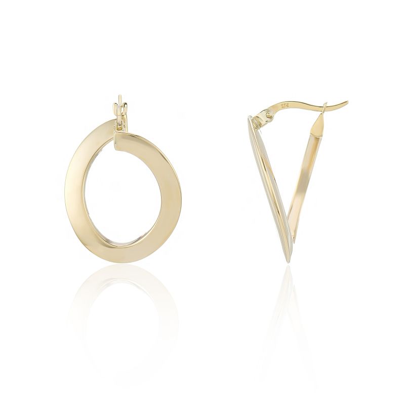 9ct yellow gold plain twist hoop earrings, front view and side view 