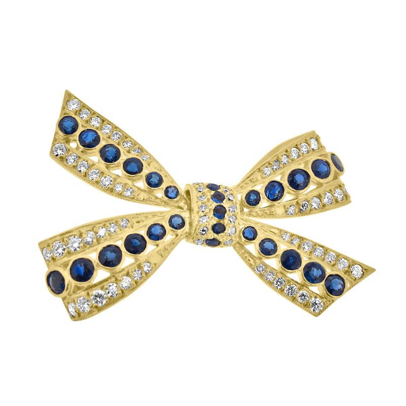 18ct Yellow Gold Sapphire & Diamond Bow Brooch 0.87ct