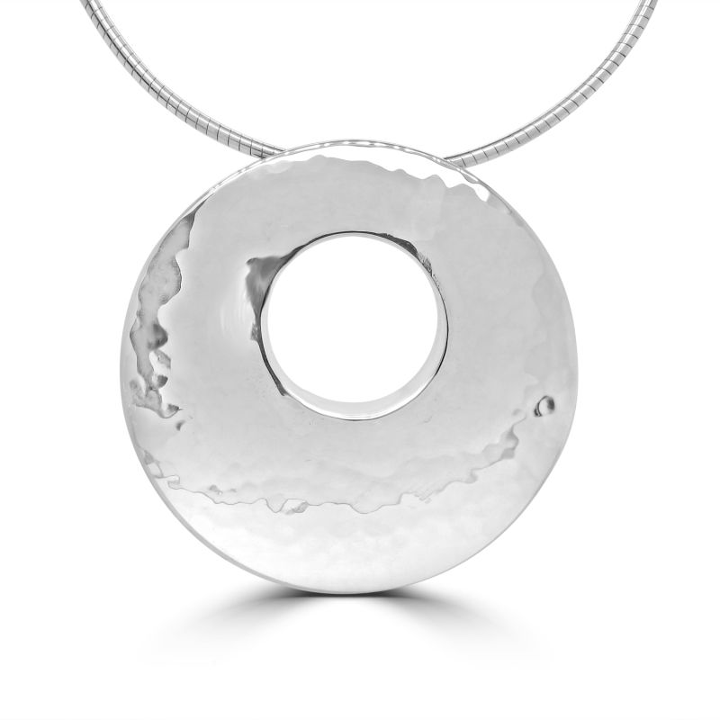 Silver Hammered Round Pendant on Omega Wire Necklet