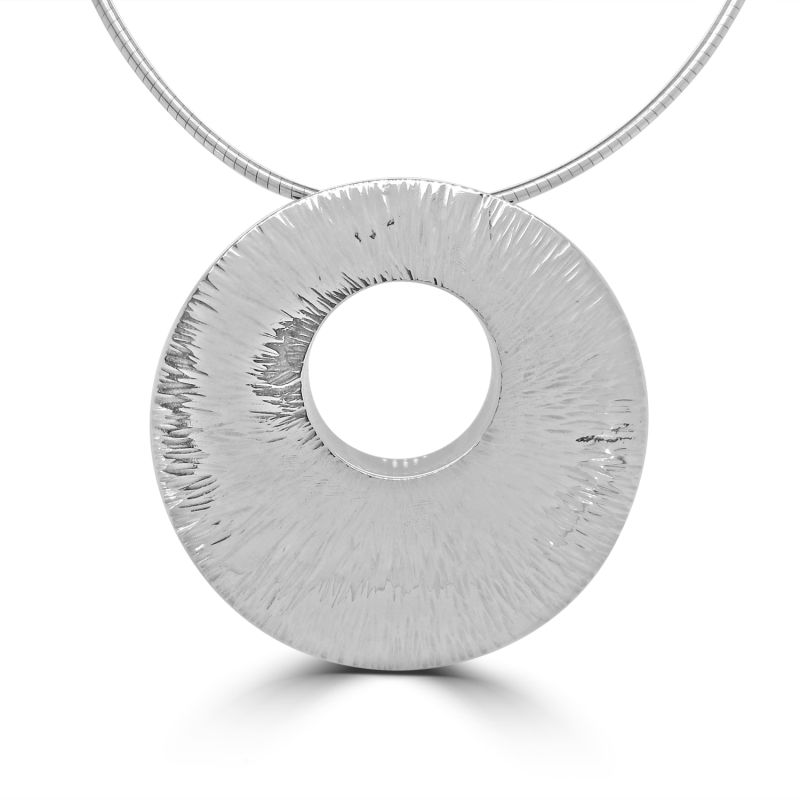 Silver Round Sunray Pendant on Omega Wire Necklet