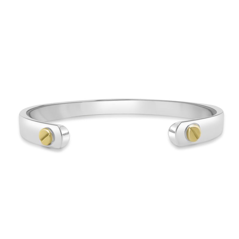 Silver torque bangle with yellow gold screw detail