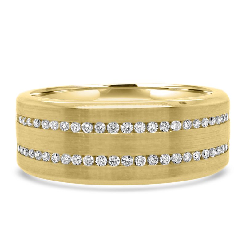 9ct Yellow Gold Mens 2 Row Diamond Wedding Band 0.75ct diamonds inset in gold