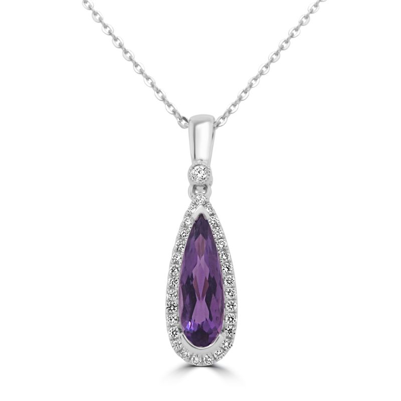 9ct White Gold Amethyst & Diamond Cluster Pendant & Chain 0.15ct